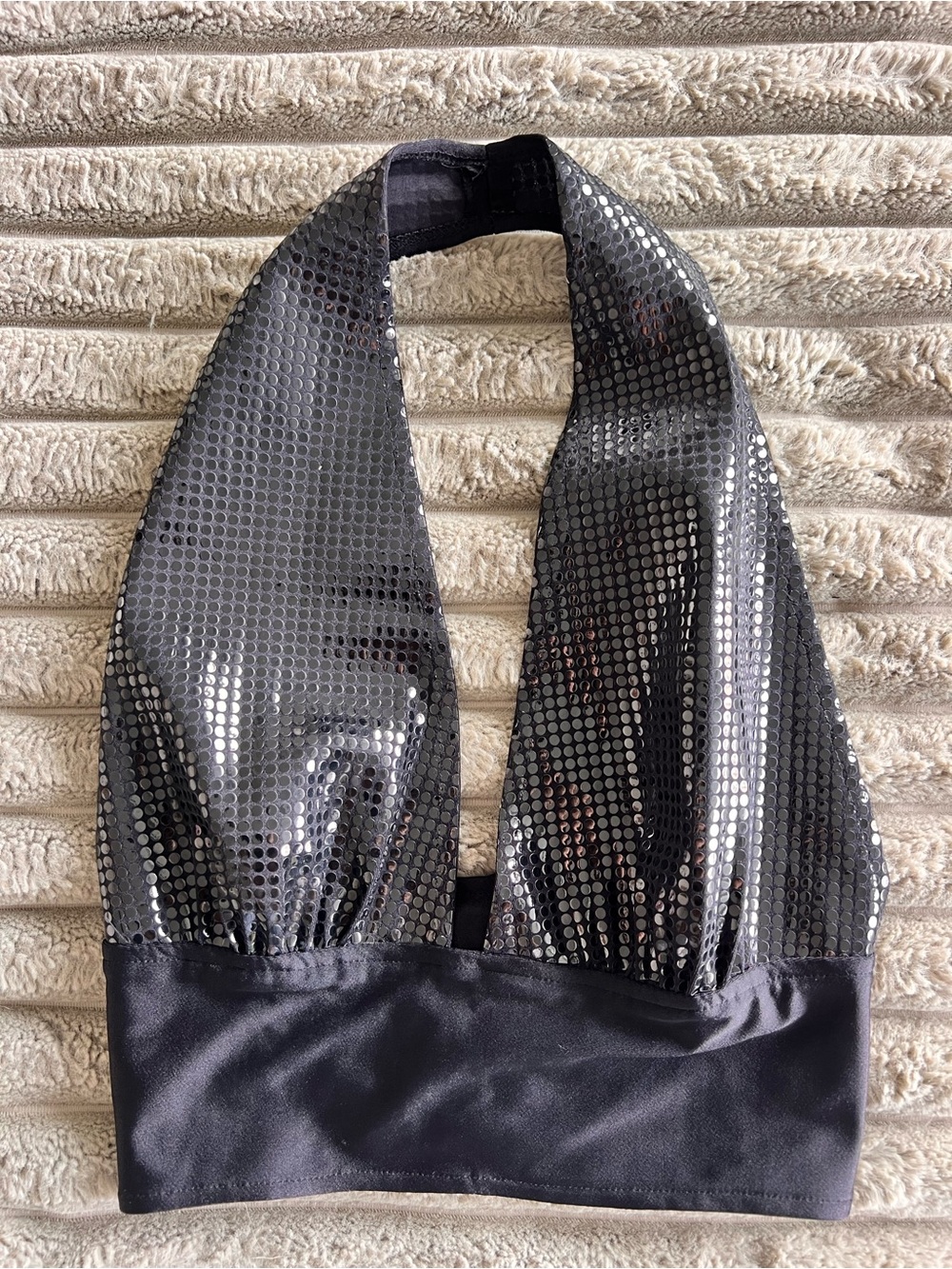 Vintage Y2K Christine Alberts Plunged Neckline Halter Top Black Sequins Size XS